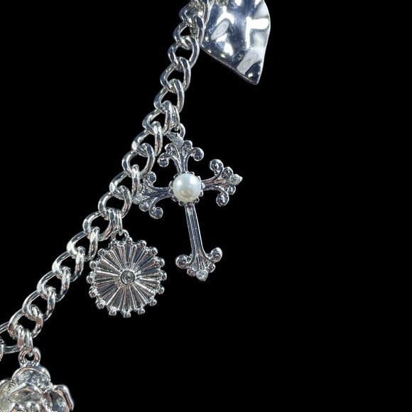 Silver Tone Charm Necklace Heart Cross Bow Rose Coquette Gothic Y2K NWT 20" - Picture 3 of 9